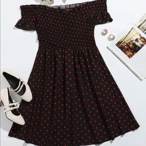 Polka Dot Shirred Bodice Frill Trim Bardot Dress